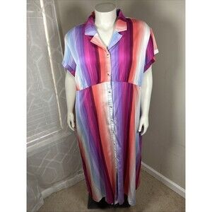 Terra Sky Shirt Dress 3X Pink Purple Stripe Button Front Casual Work‎ Weekend